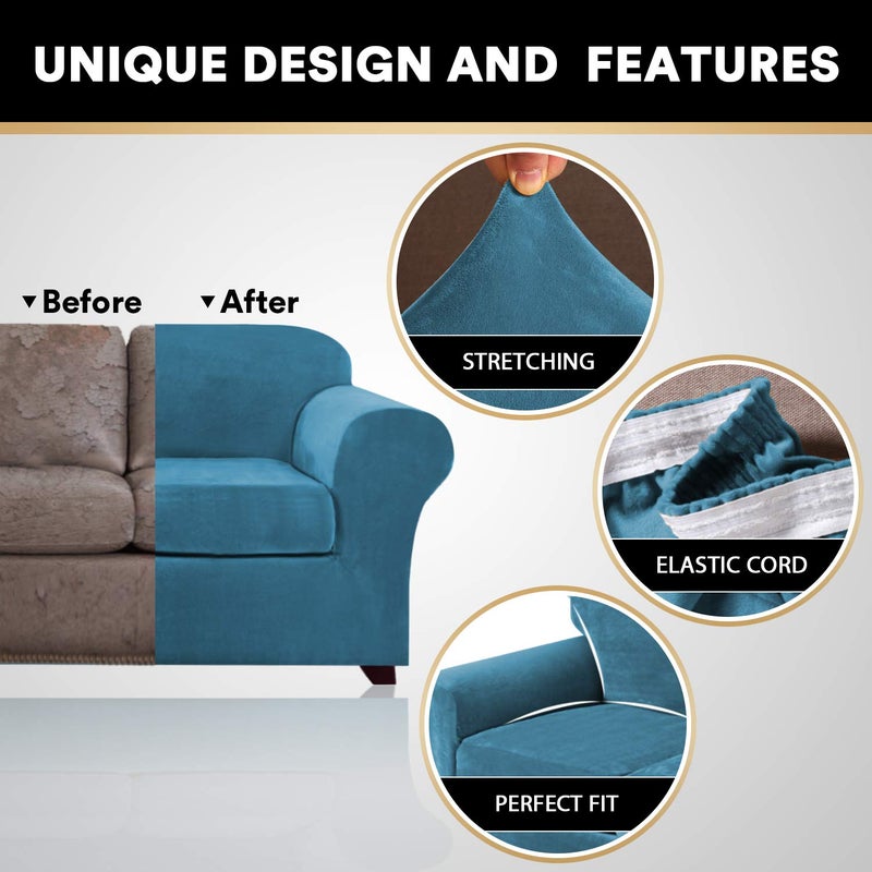 PrinceDeco Velvet Couch Covers for Sofa Soft 4 Pieces Couch Covers for 3 Cushion Couch Sofa Pet Friendly Furniture Protector with Non Slip Elastic Bottom Width Up to 90 Inch (Large, Blue) - Image 3